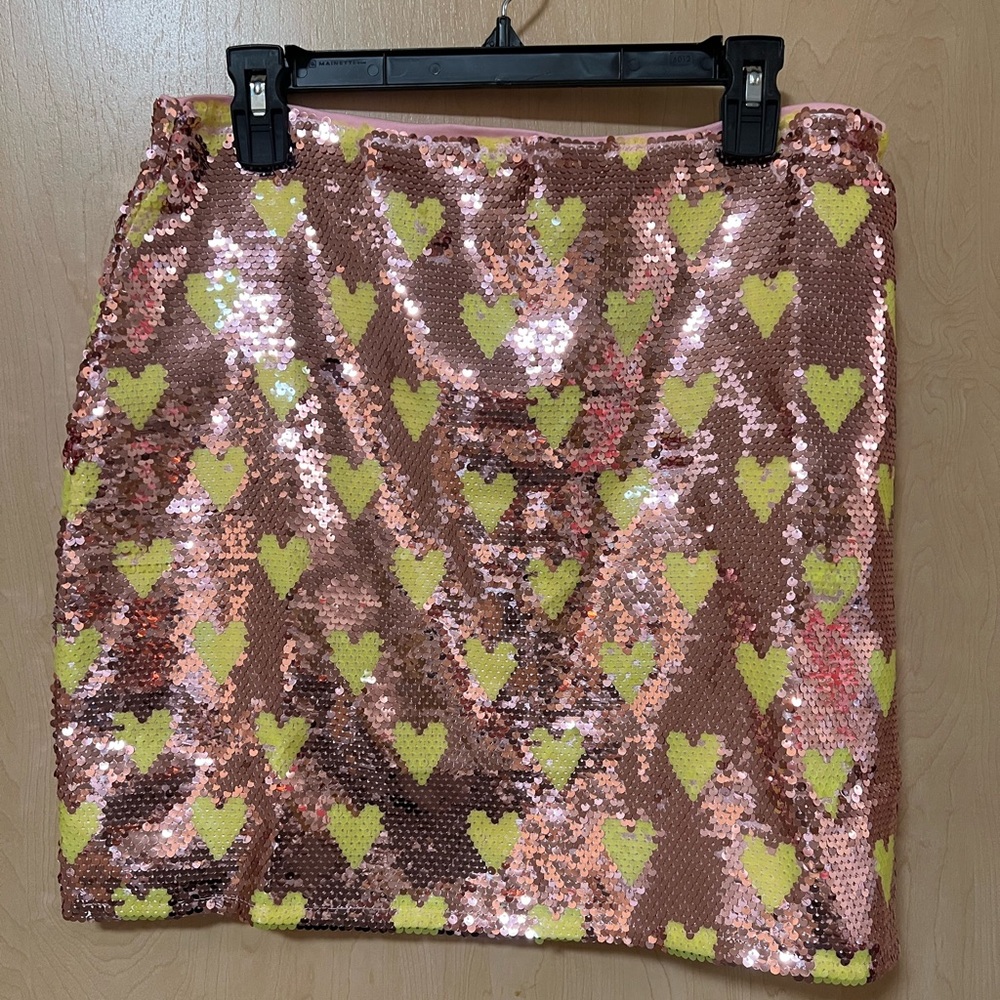 NWT | Southern Fried Chicks - Glam Sequin Heart Mini Skirt, Pink and Yellow
